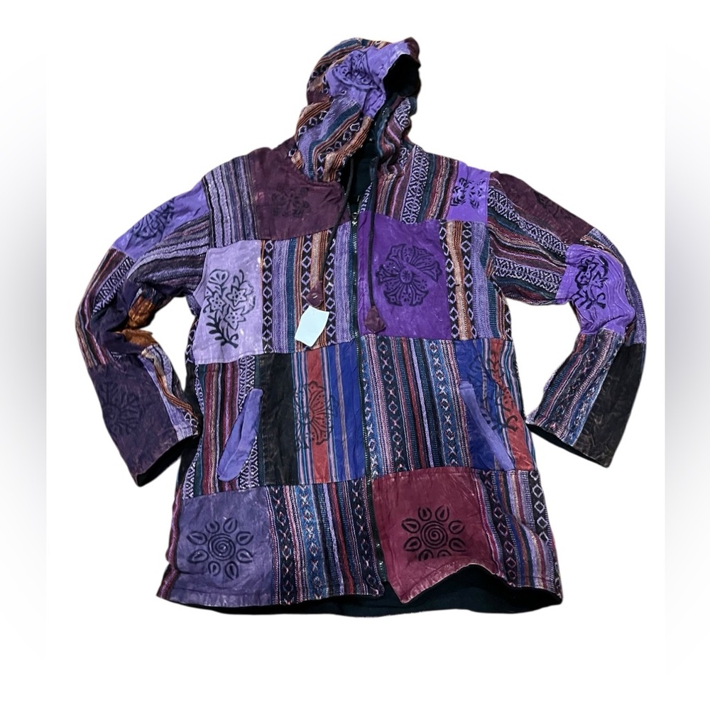 NWT 100% cotton Nepal Patchwork Fleece lined Hoodie in purple
